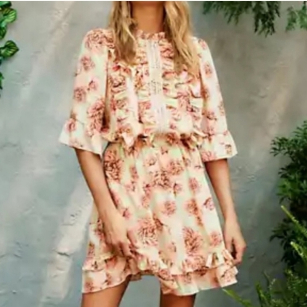 Floral Ruffle Dress in Cream and Pink